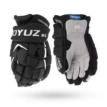 SOYUZ HIT GRIT ice hockey gloves in black – back of hand and palm side by side