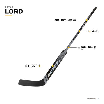 SOYUZ LORD custom goalie stick specs: paddle 21–27 inch, SR INT JR, 635–655 g, 4–6 weeks delivery