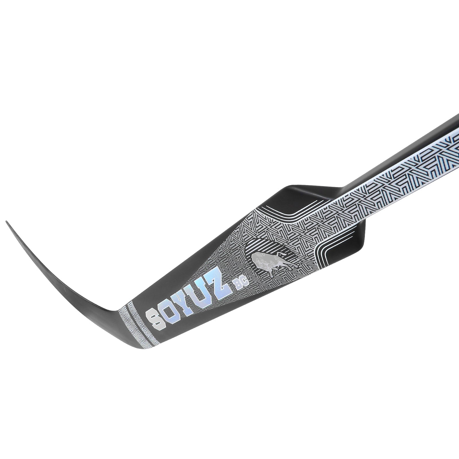 SOYUZ LORD goalie stick paddle detail – black holographic carbon finish