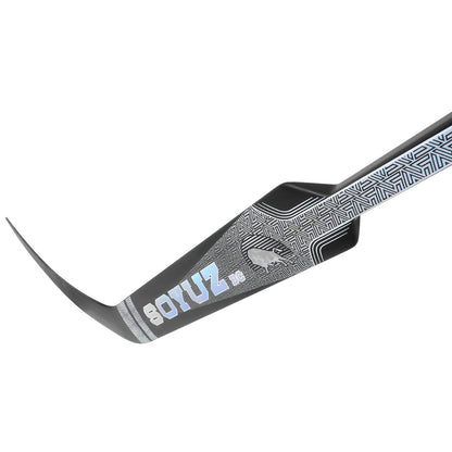 SOYUZ LORD goalie stick paddle detail – black holographic carbon finish