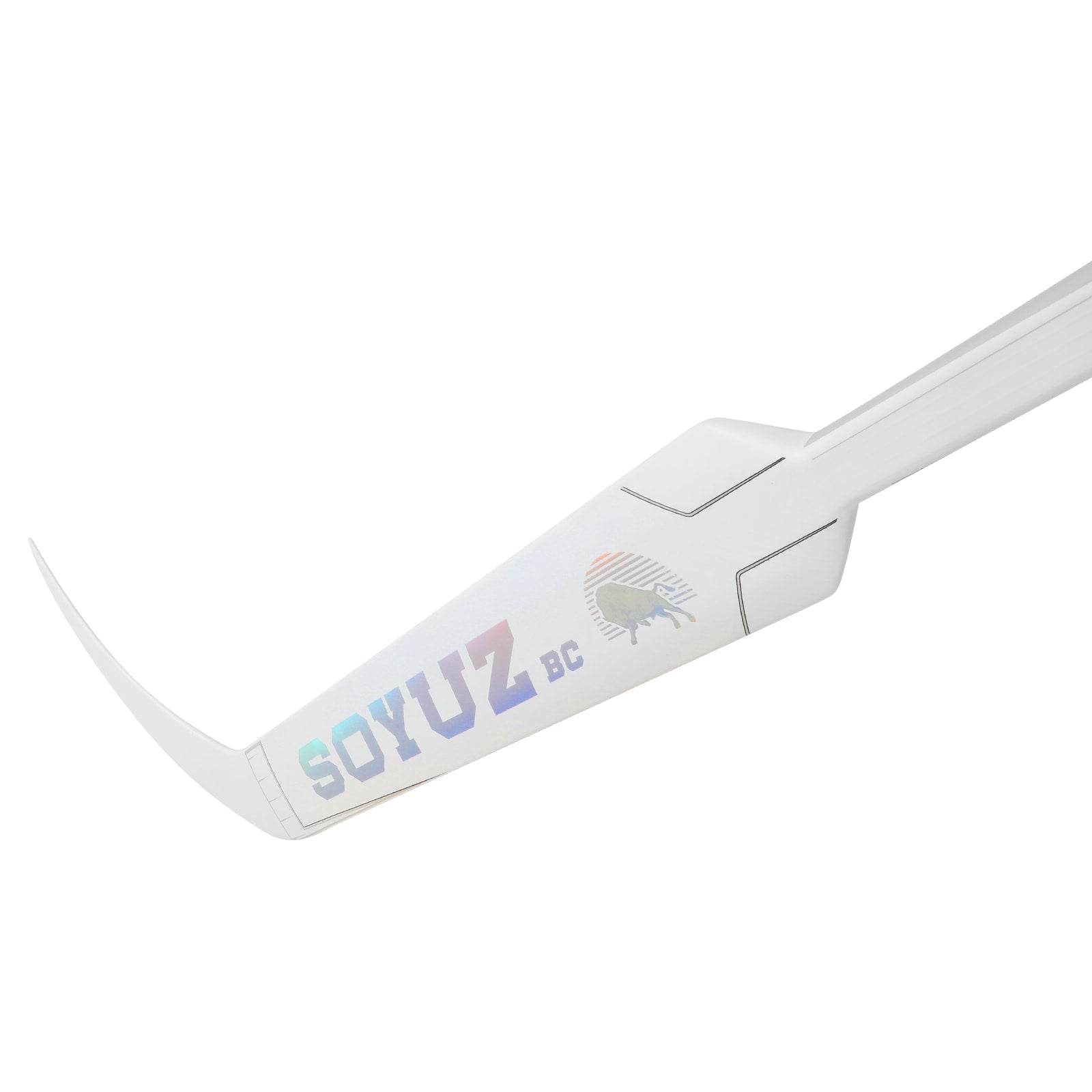 SOYUZ LORD goalie stick paddle detail – white holographic finish