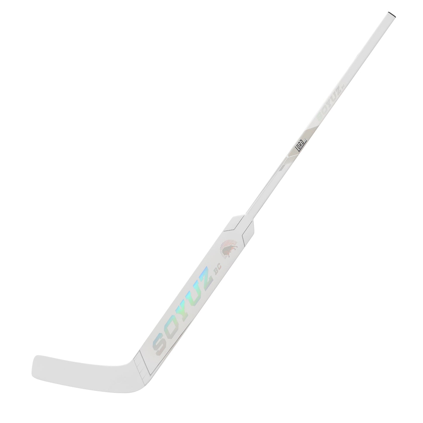 SOYUZ LORD custom goalie stick – full side view, white holographic design