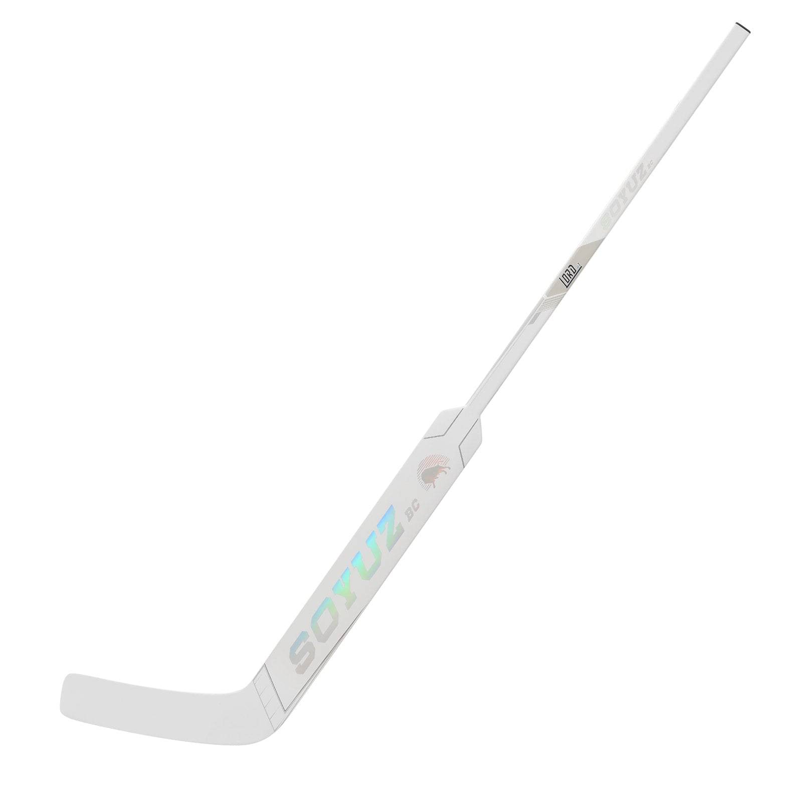 SOYUZ LORD custom goalie stick – full side view, white holographic design