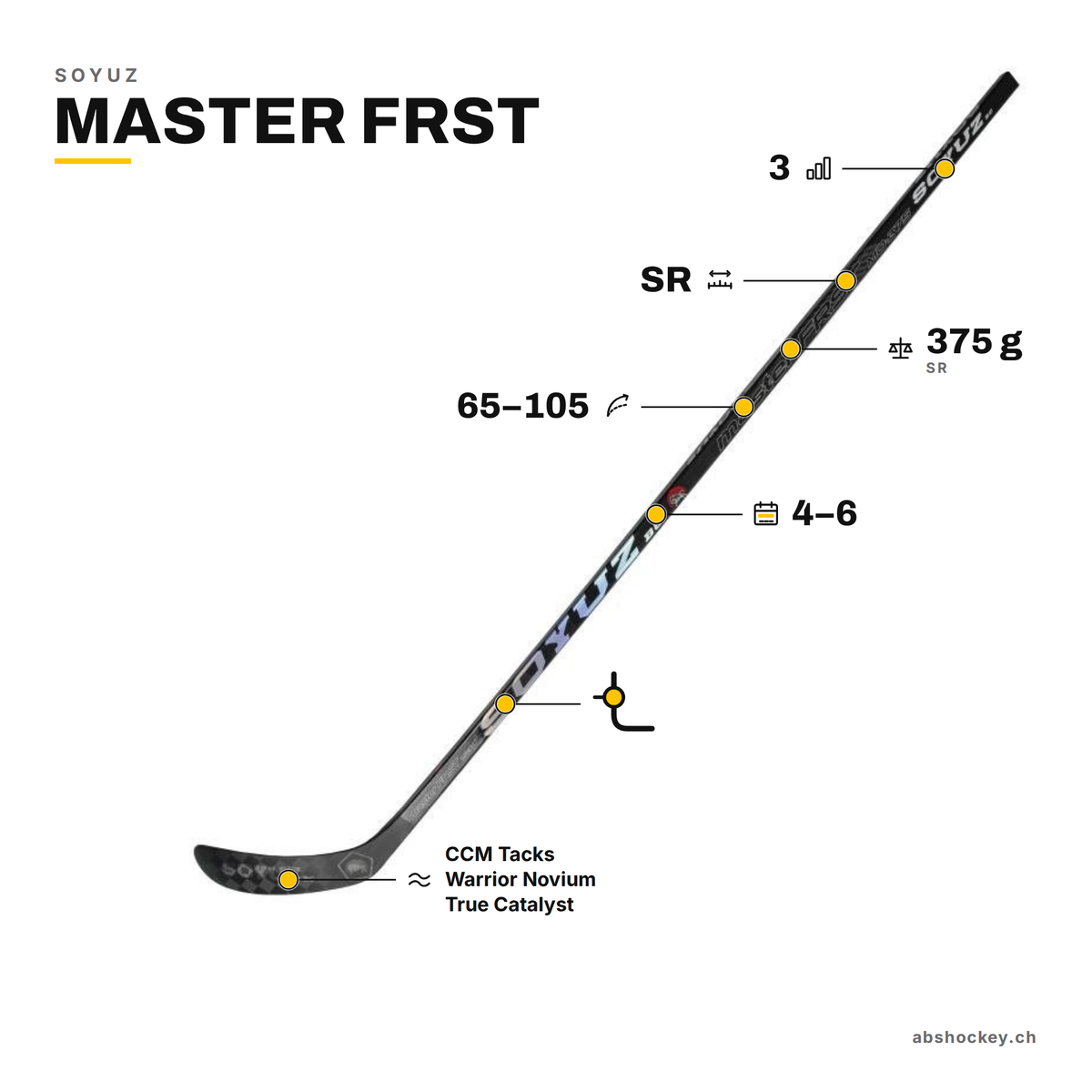 SOYUZ MASTER FRST custom hockey stick specs: mid kick, flex 65–105, SR, 375 g, 3 grip levels, 4–6 weeks delivery