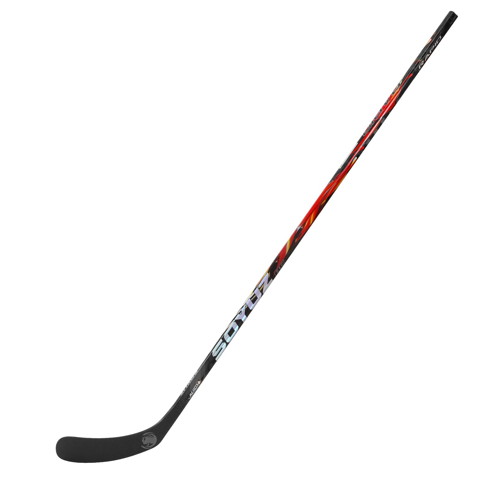 SOYUZ RAPID custom ice hockey stick – full side view, black red flame design