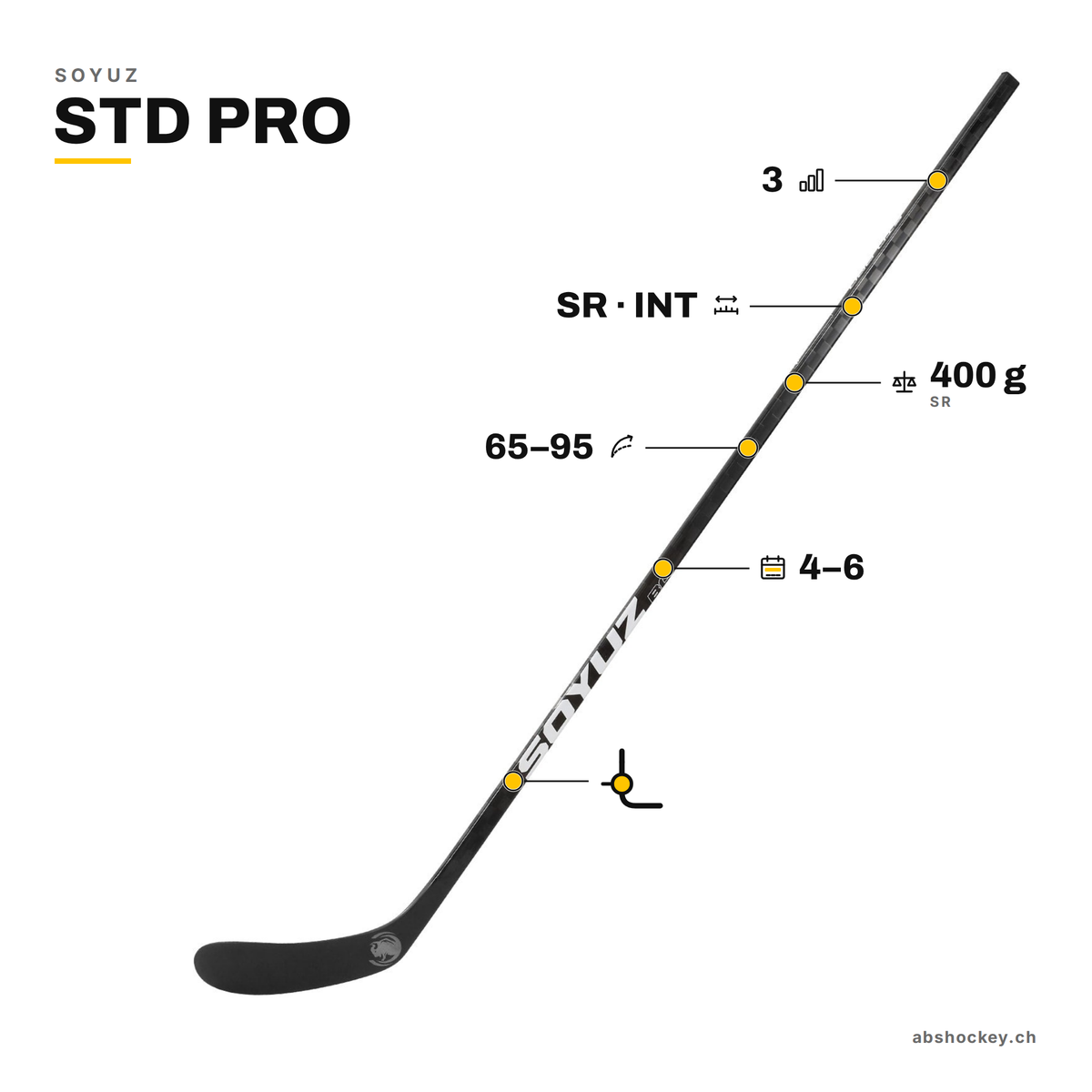 SOYUZ STD PRO custom hockey stick specs: low kick, flex 65–95, SR INT, 400 g, 3 grip levels, 4–6 weeks delivery