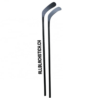 Bild von zwei schwarzen Hockeyschläger, Blackstick, Allblackstick. Sie sind horizontal ausgerichtet mit der Kelle nach oben. Personalisierter Hockeyschläger